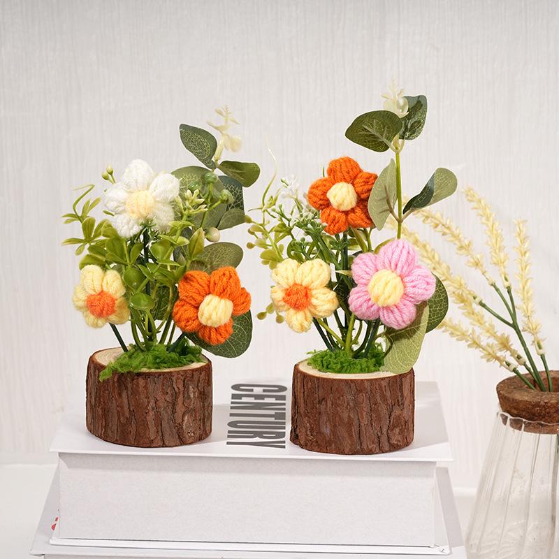 Handmade Crochet Flowers Potted Ornament Car Center Console Decor Cartoon Knitting Flowers Potted Diy Decoration Accessories
