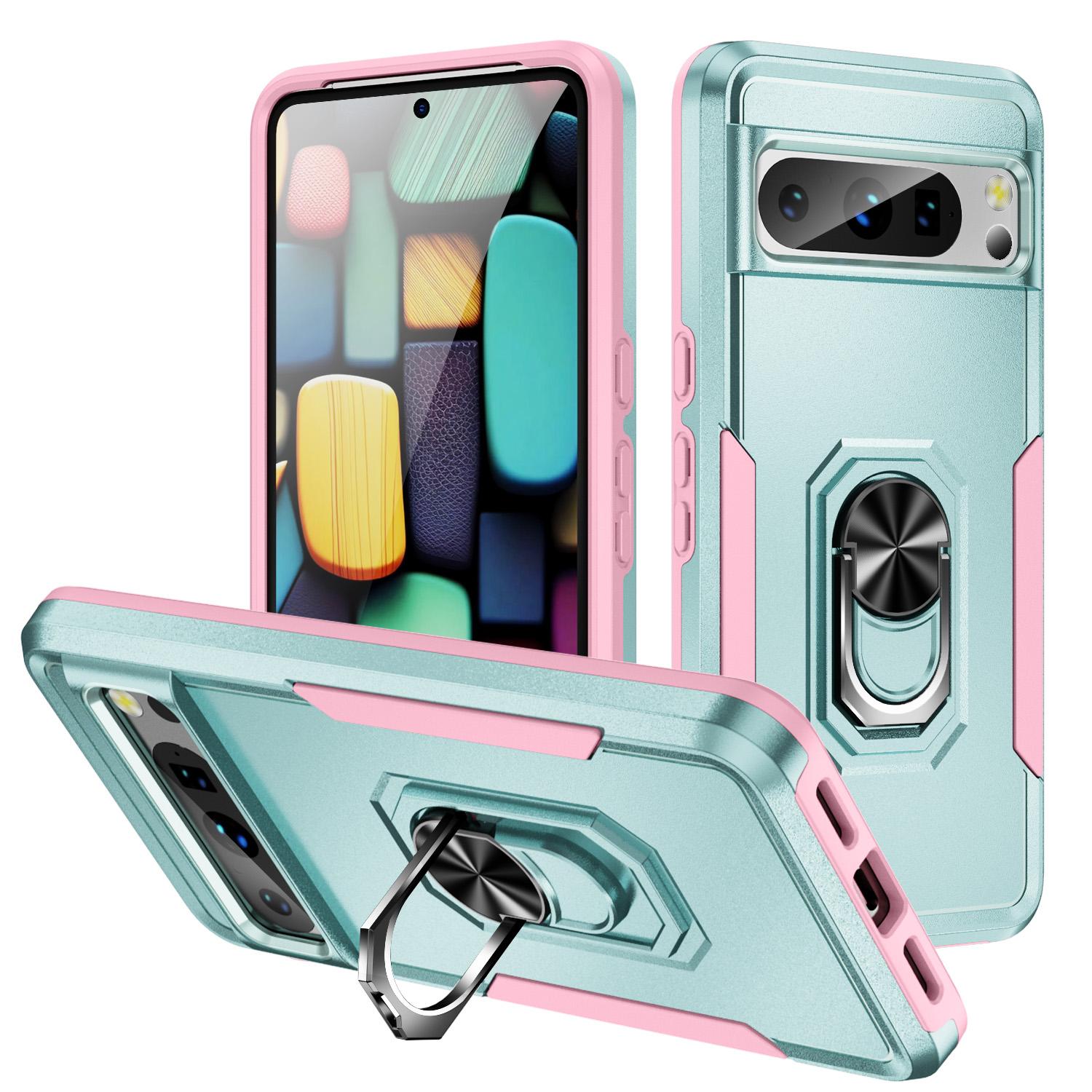 

Чехол для Google Pixel 9 8Pro Pixel7 7Pro 7A Pixel6 6Pro 6A Противоударная броня 360 ° Автомобильный магнитный кольцевой держатель с мягкими краями Чехол для телефона For Pixel 9 pro зелёный/розовый