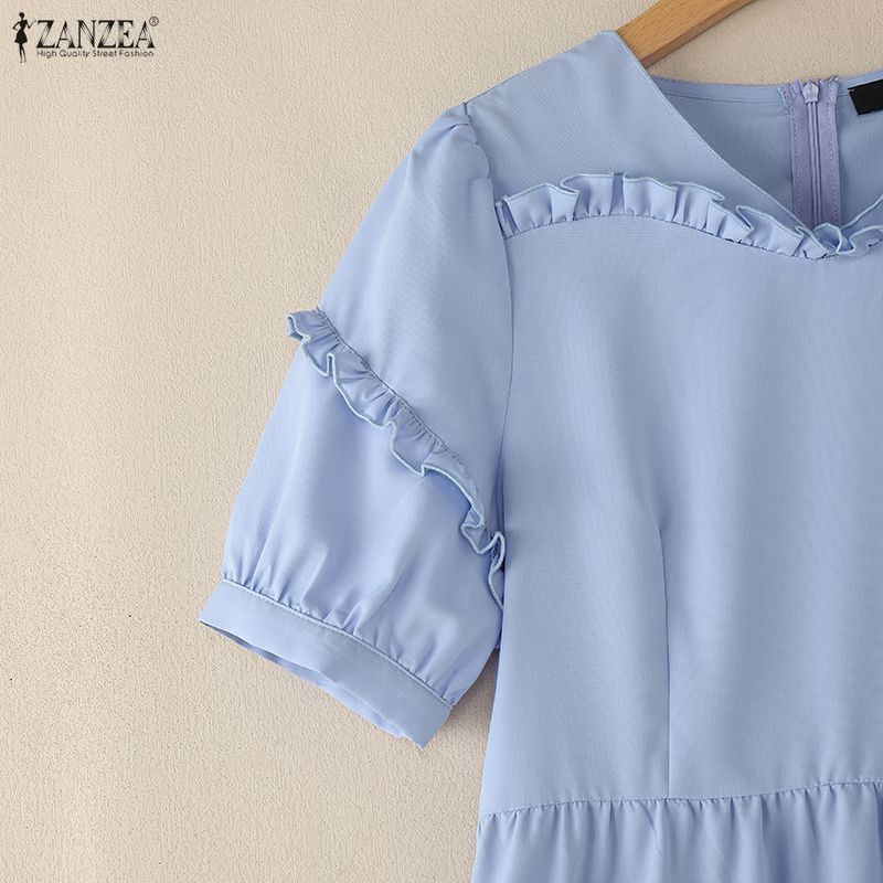 ZANZEA Women Casual V-Neck Loose Summer Short Sleeve Long Dress