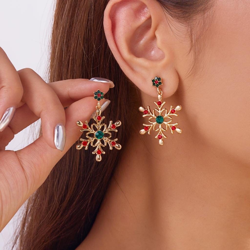 Christmas Colorful Rhinestone Imitation Pearl Snowflake Stud Earrings Exquisite Winter Snow Flower Earring For Women Men Jewelry