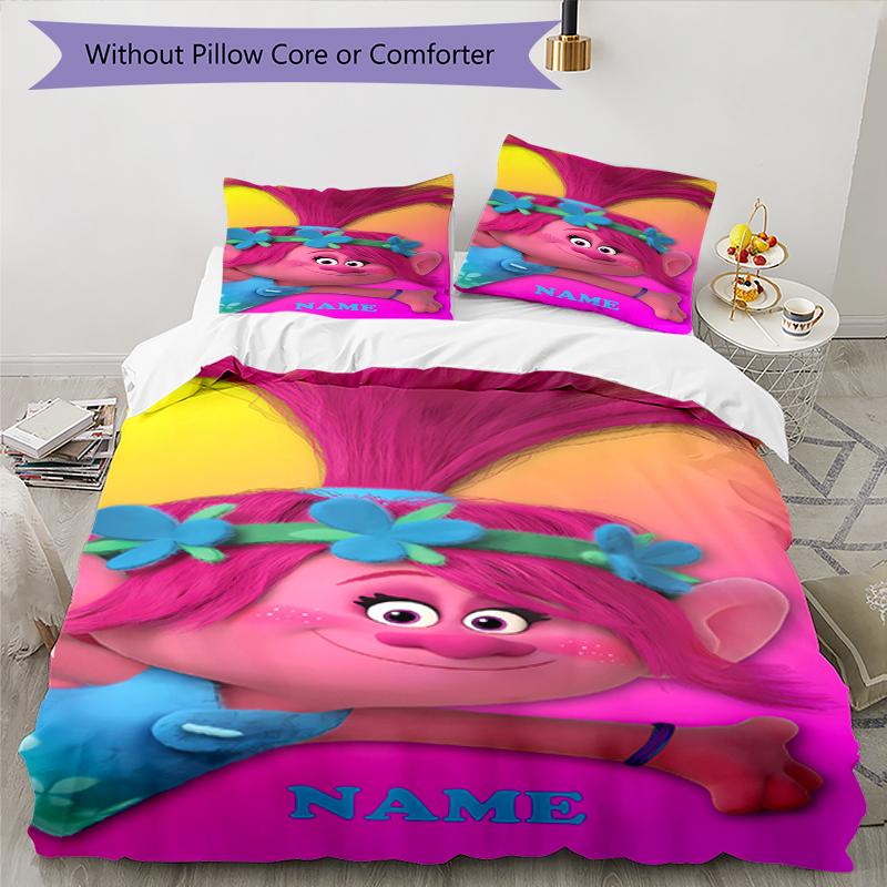 3pcs Custom Name Trolls Bedding Set Duvet Cover Closure Includes 1 Duvet Cover & 2 Pillowcases, Soft and Comfortable for All Seasons.