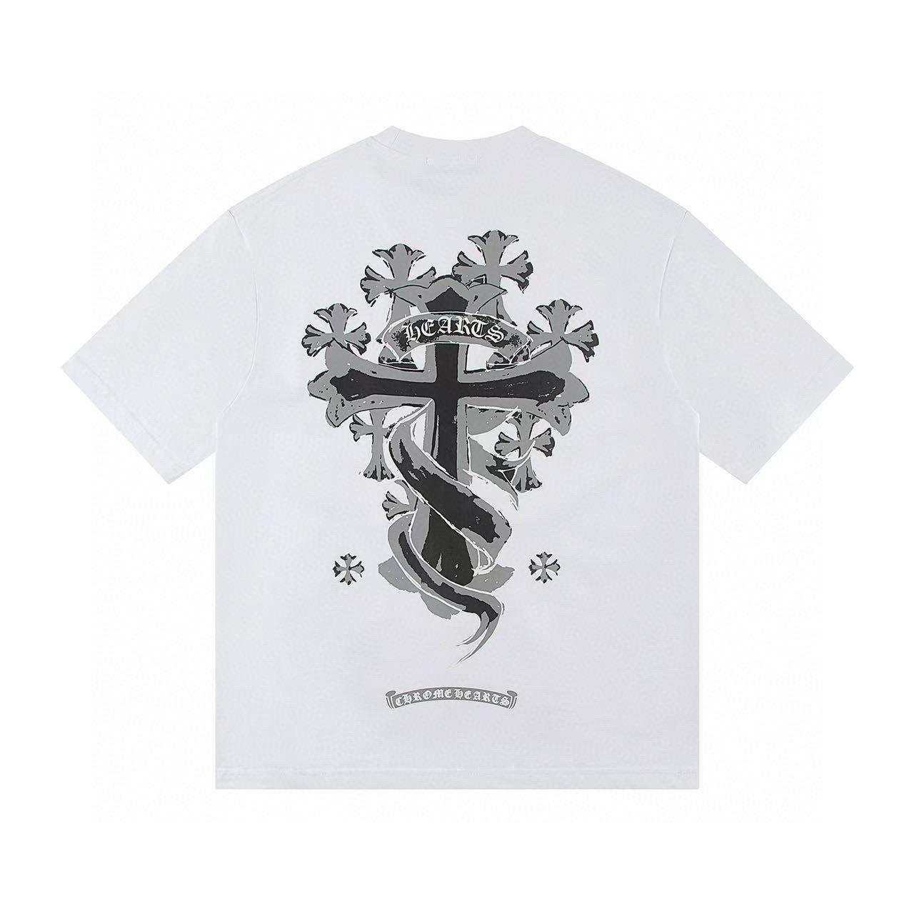 

W364 CHROME HEARTS 2025 літня нова високоякісна бавовняна кругла горловина Вільна чоловіча та жіноча футболка великого розміру Парна футболка XL білий
