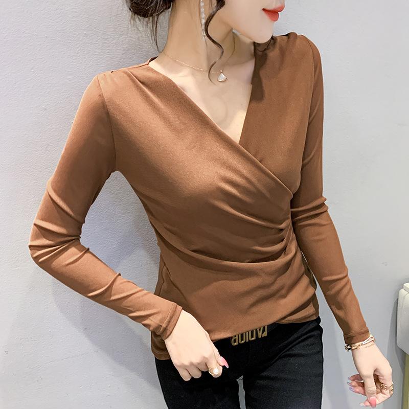 

Футболка с V-образным вырезом и длинными рукавами из сетки для женщин, новый весенне-осенний стиль, облегающий верх и облегающая внутренняя основа рубашки 3XL