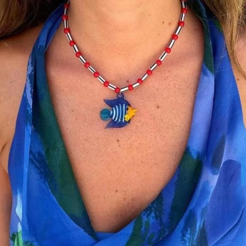Ocean Beaded Necklace with Fish Pendant Adjustable Length Clavicle Chain for Women Fashionable Neckchain Accessory