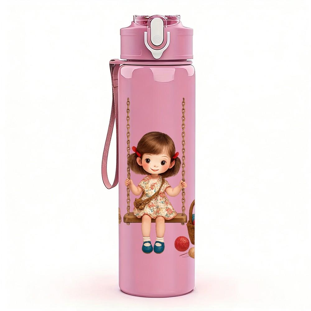 1PC Little Girl Swing Cartoon Print 750ml Color Plastic Sports Water Bottle Leakproof Flip Straw Lid Suitable for Sports Office Home Use