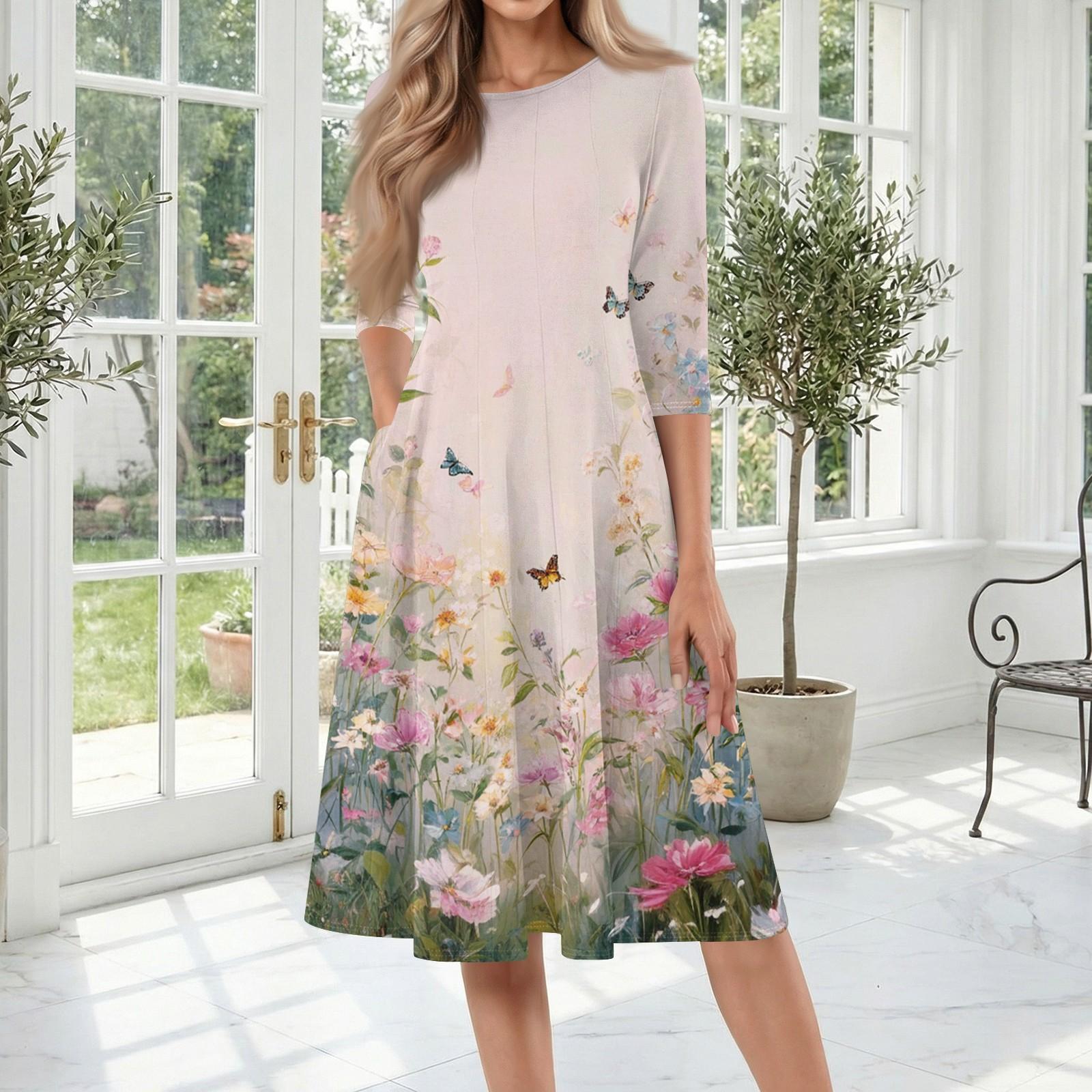 

Women Casual Crew Neck Three Quarter Sleeve Floral Print Midi Dress Loose Fit Elegant Daily Wear for Spring Summer Autumn M