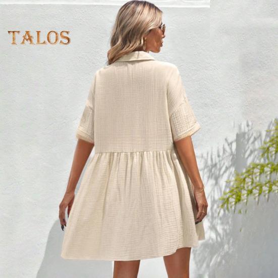 Women's Short Sleeve Shirt Dress Lapel V Neck Button Down Swing Dress Summer Casual Flowy Beach Sundress