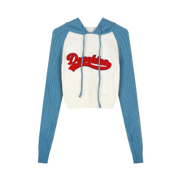 

American retro letter embroidery long-sleeved hooded knitted sweater women s autumn loose short top One Size