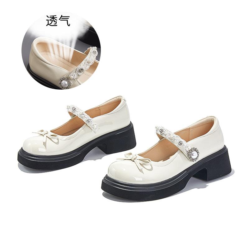 Foam Bottom Mary Jane Bow Women's Shoes Autumn Thick Sole Height Increase Velcro Shallow Mouth Single Shoes Small Leather Shoes