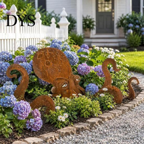 Octopus Garden Ornament Rust Patina Giant Squid Sculpture, 3D Metal Nautical Outdoor Marine Themed Decor Statue for Patio Lawn Beach House Decor,