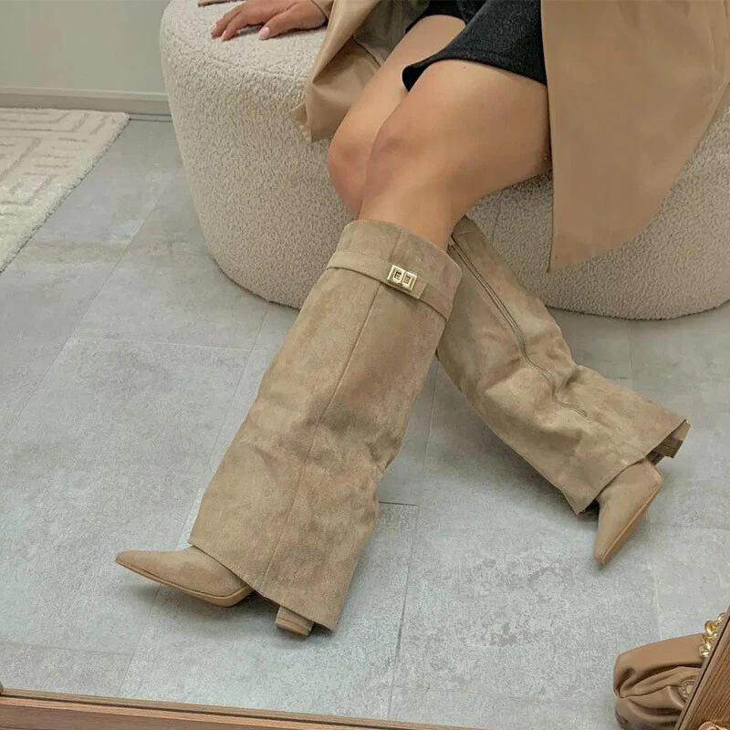 Knee High PU Leather Pull on Boots Fashionable Comfortable Fold Over Knee High Boots for Women Covered Wedge Heel Wide Calf Boot