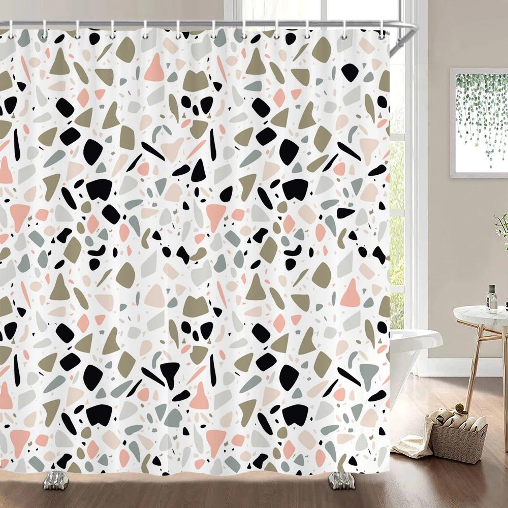 Small Stone Printed Shower Curtain Pebble Spots Pattern Bath Curtain Waterproof Bath Screen With Hooks For Home Bathroom Decor