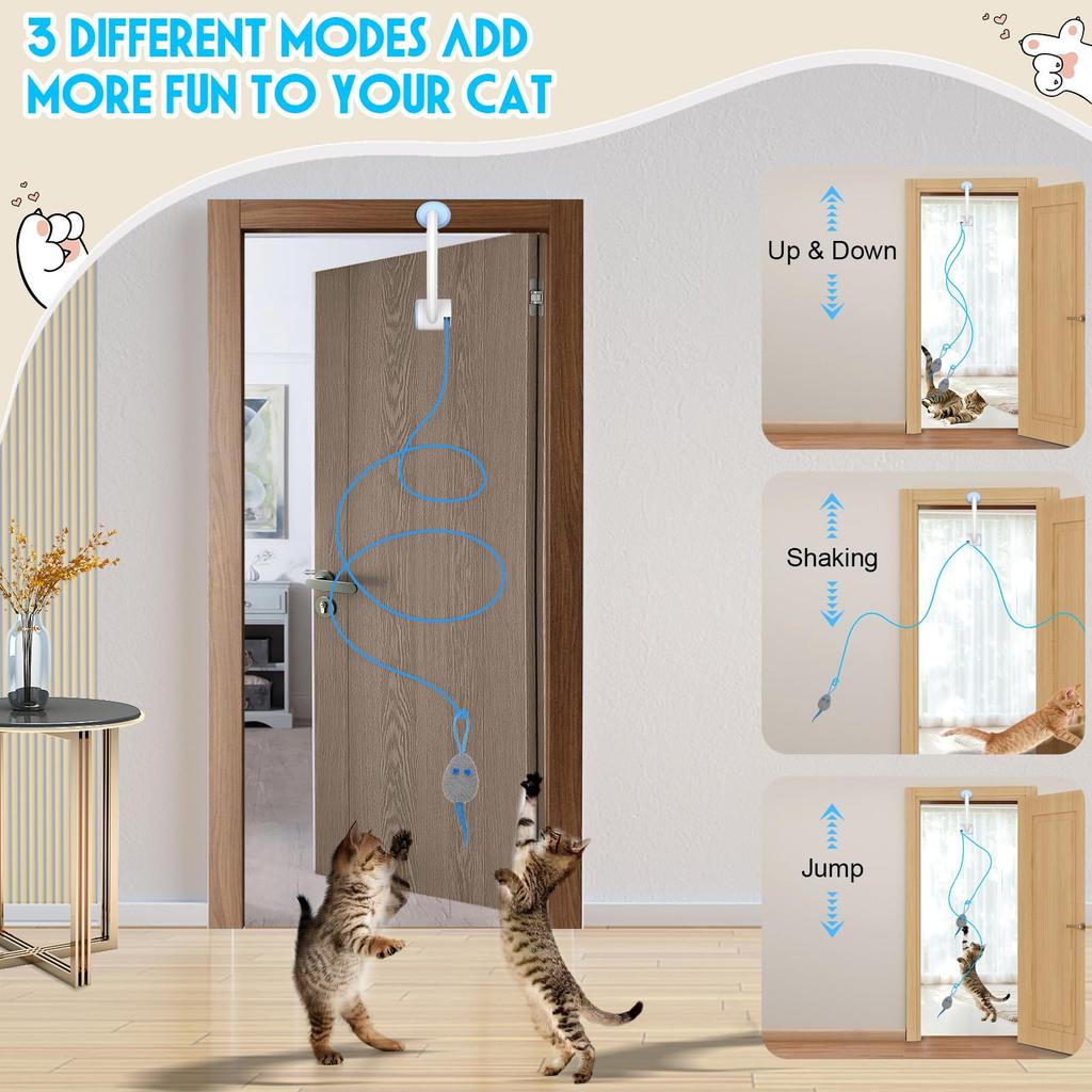 Türhängendes Katzen-Spielzeug mit Rückfederung, Einziehbarer Kätzchen-Zerrer mit 3 Katzenminze-Mäusen, Interaktives Haustier-Spielzeug für Wohnungskatzen - Weiß