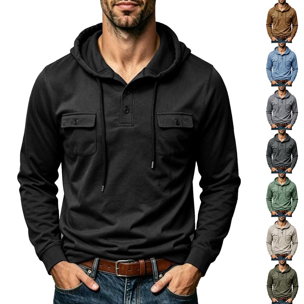 Men's Long Sleeve Hoodie with Multiple Pockets and Hood for Outdoor Activities