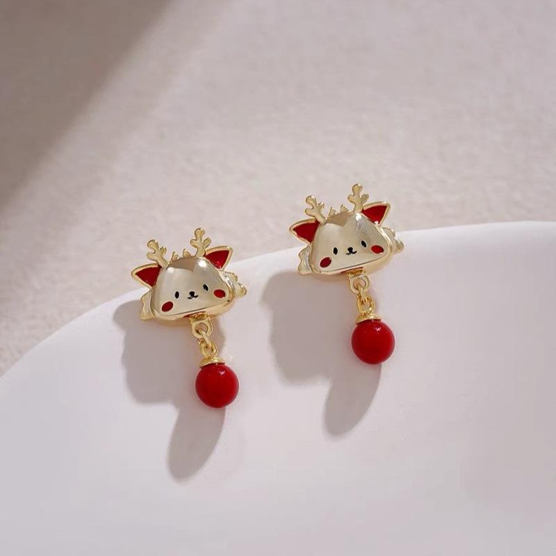 Fashion Temperament Sweet Flower Stud Earrings Women's Red Bow Flower Earrings Versatile Exquisite Daily Atmosphere Earrings