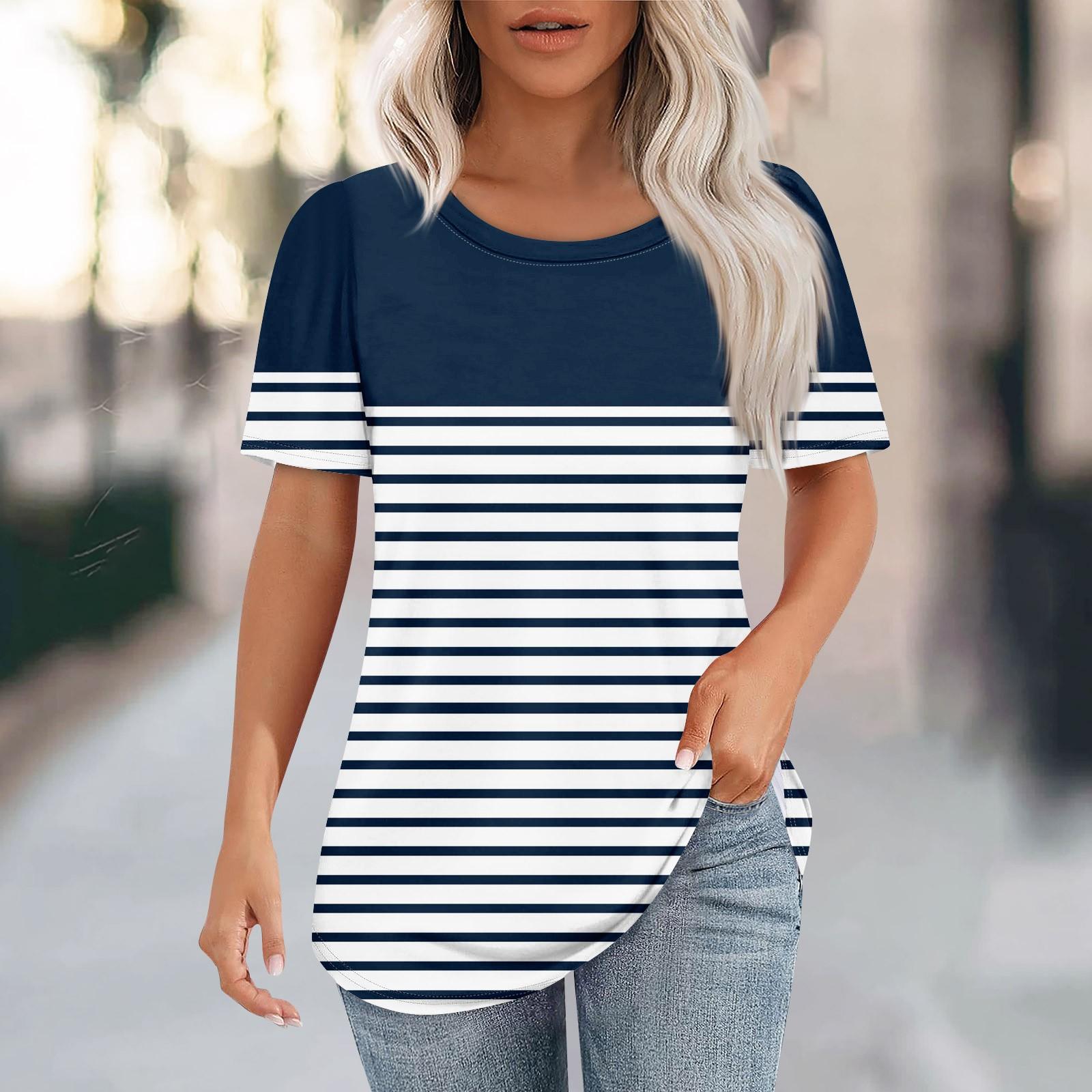 

Футболки для жінок плісировані з круглим вирізом Одягнені повсякденні блузки з принтом з короткими рукавами Літні топи вільного крою M