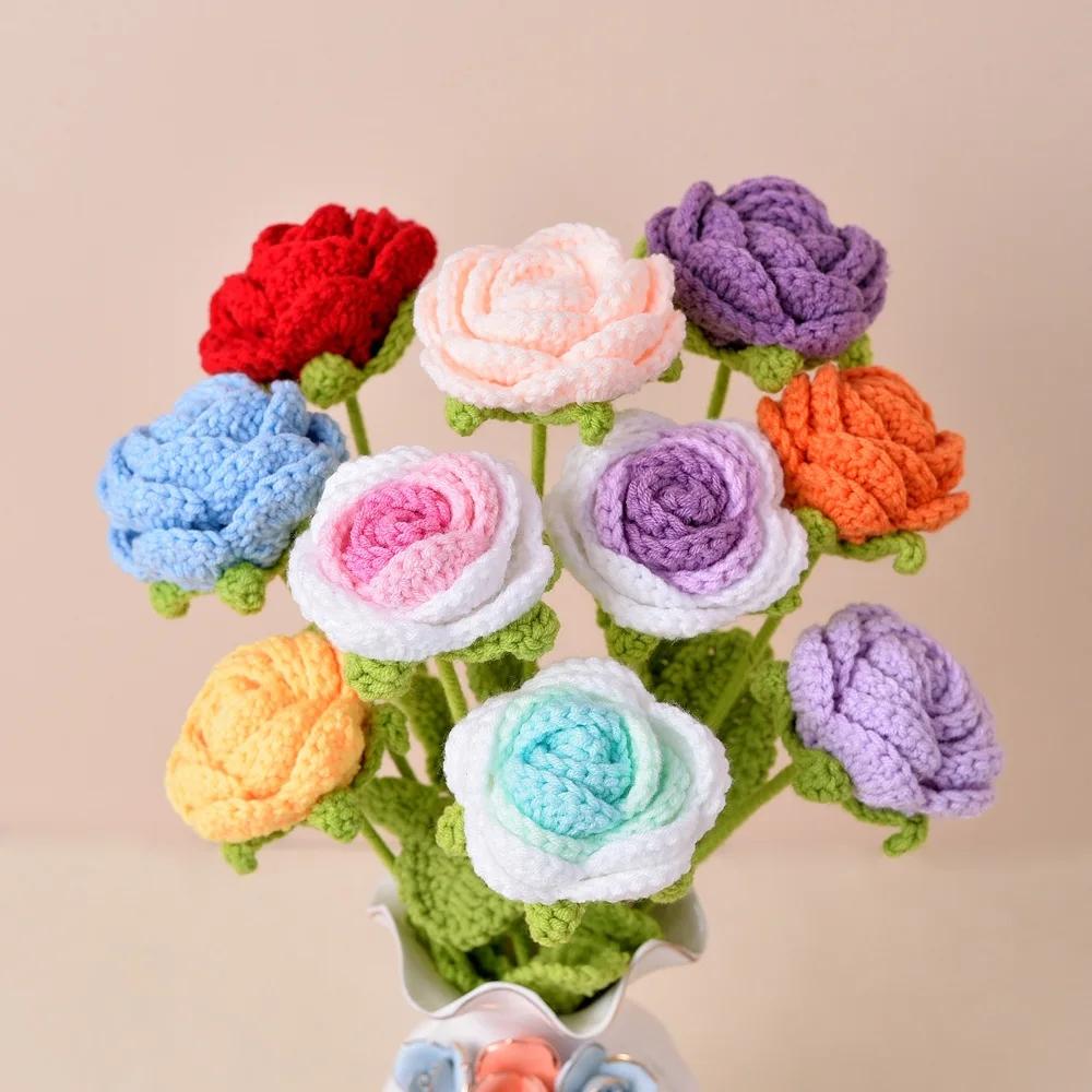 Knitting Flower Rose Bouquet Simulation Flower Home Decoration Wedding Hand-Knitted Crochet Fake Floral for Valentine's Gift