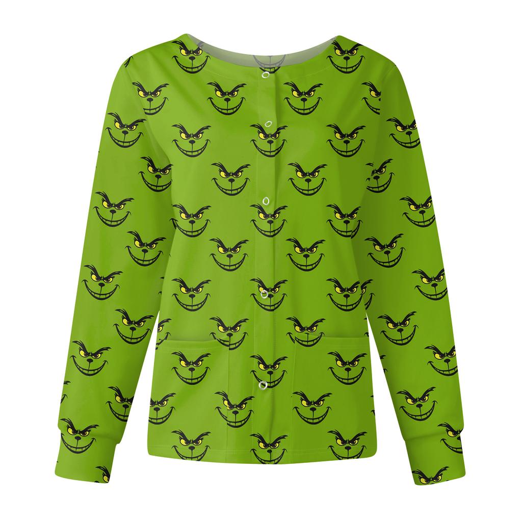 Women's Casual Fashion Long Sleeve Standing Collar Single Breasted Christmas Print Workwear Jacket Tops