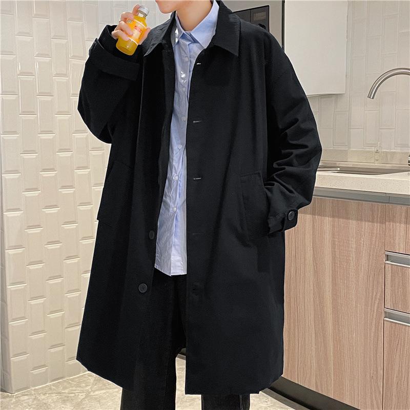 Autumn Mid-Length Trench Coat: Japanese-Influenced, Solid Color, Hong Kong and Korean Style, Casual & Trendy Men's Jacket