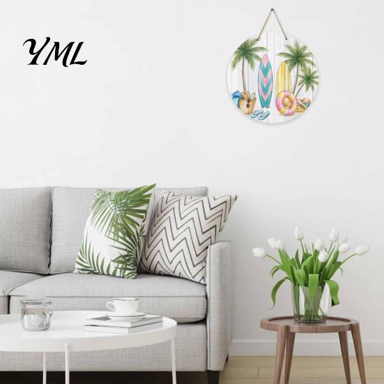 Summer Beach Decor Round Wooden Door Hanger, Watercolor Welcome Sign, Hello Sunshine Indoor Outdoor Wall Hanger Please Plaque for Porch Decorative