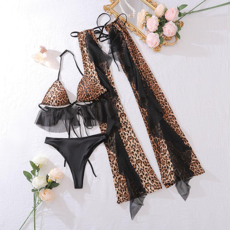 

Night Club Style New Gyaru Backless Leopard Print Hanging Neck Ultra Short Sling Hollow out Frill Flared Trousers Three-Piece Set Women Leopard print L