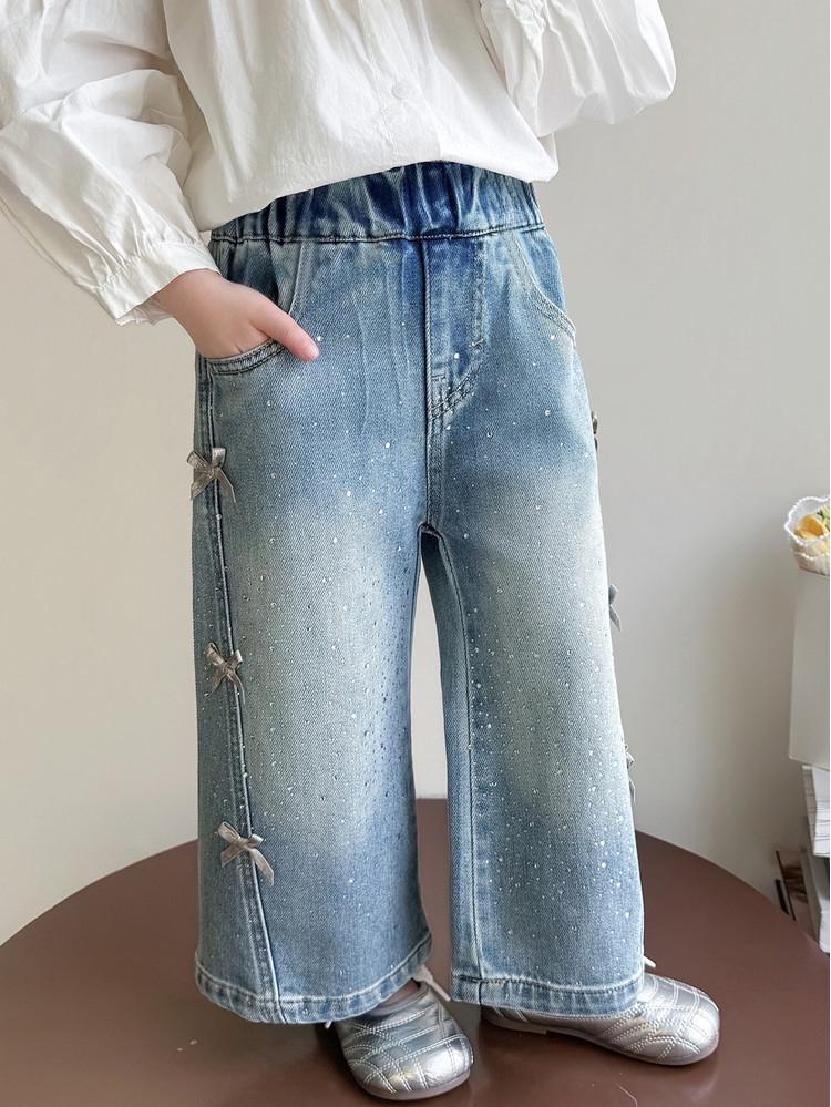 Girls' 2026 Spring Rhinestone Star Denim Jeans - Drapey Straight-Leg Casual Pants