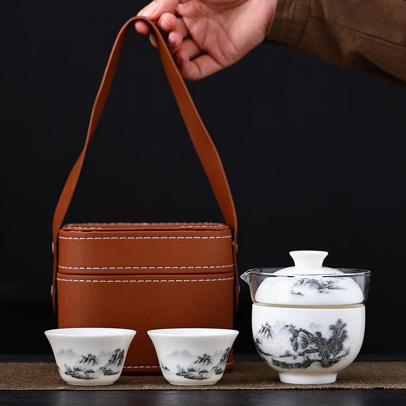 Ceramic simple outdoor travel tea set, one pot, three cups, express cup, portable storage bag, business gifts