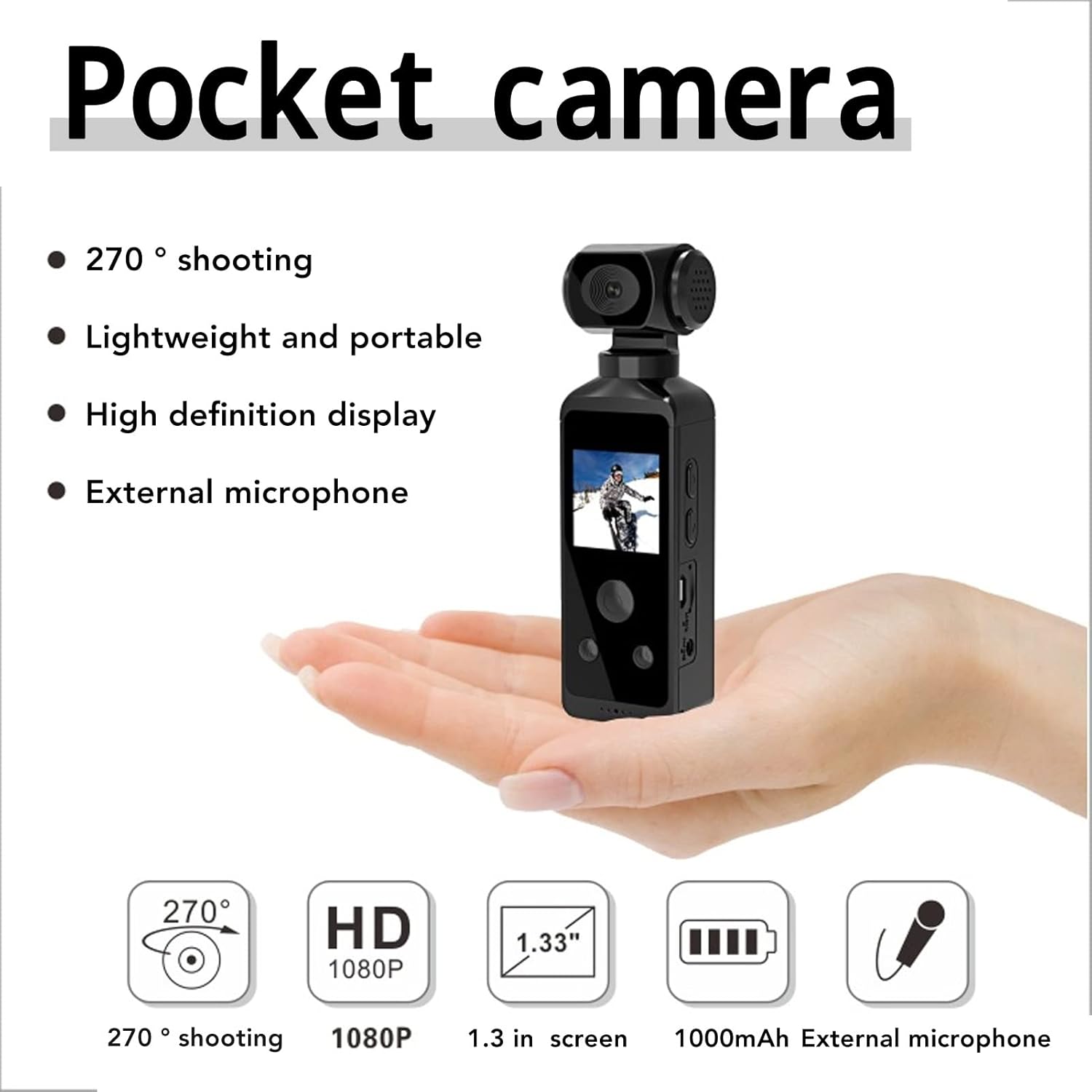 

4K HD Camera, 270° Rotatable Large Wide Angle, 30m/98ft Underwater Camera with & Mic for Outdoor Riding Diving Shooting, 1000mAh Rechargeable