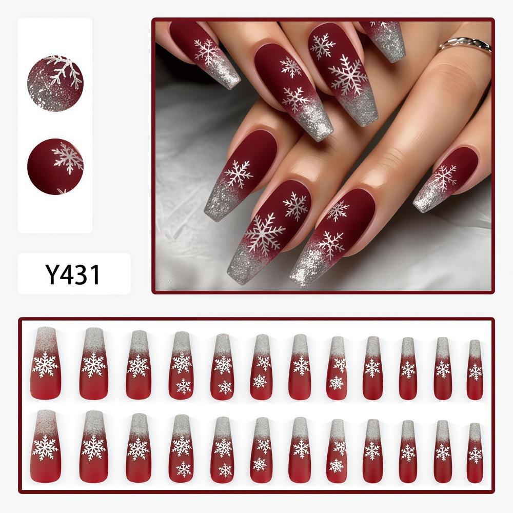 Christmas Snowflake Nails Burgundy Frosted Silver Gradient Fake Nail Patch French Glitter Manicure