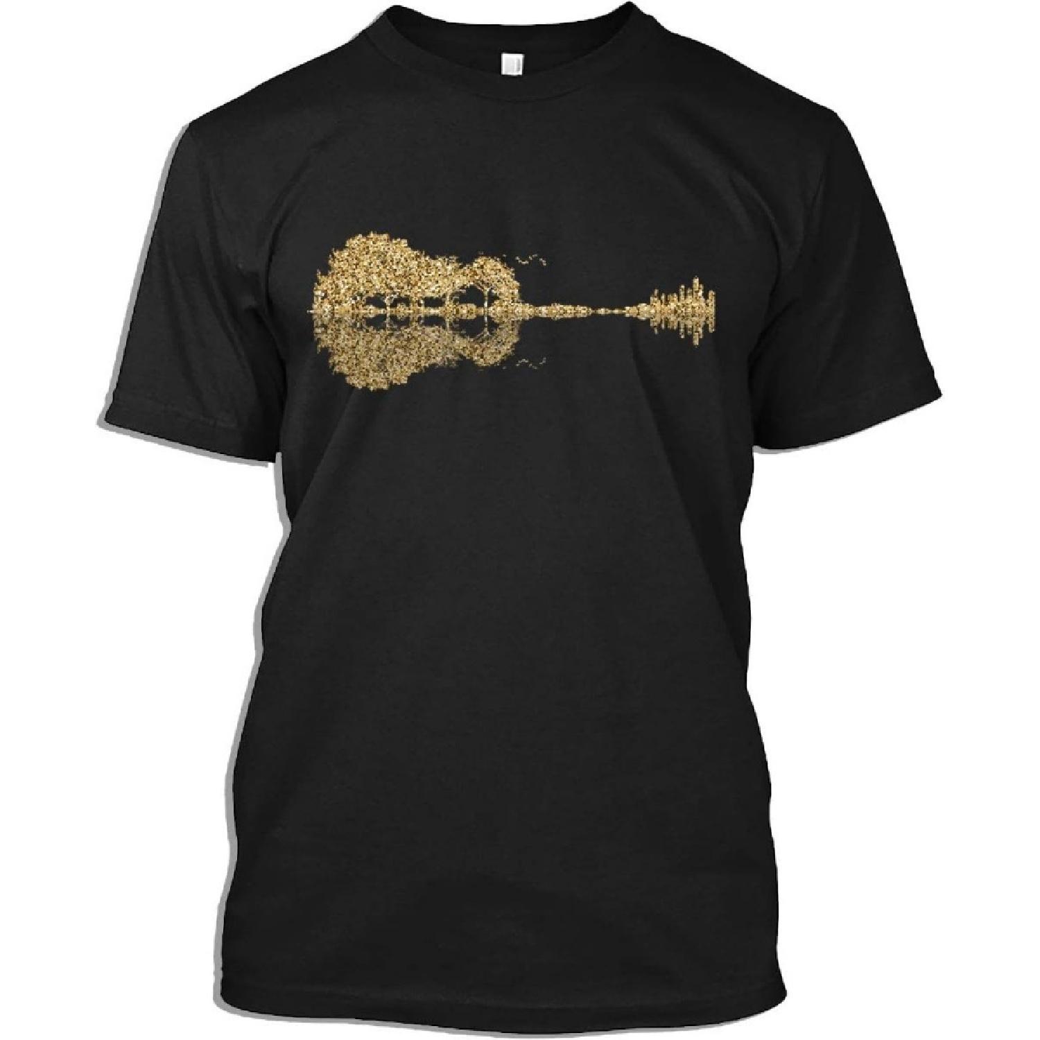 Funny Guitar Tshirt Gold Guitar Forest T-Shirt for Men Women (Black - L) S