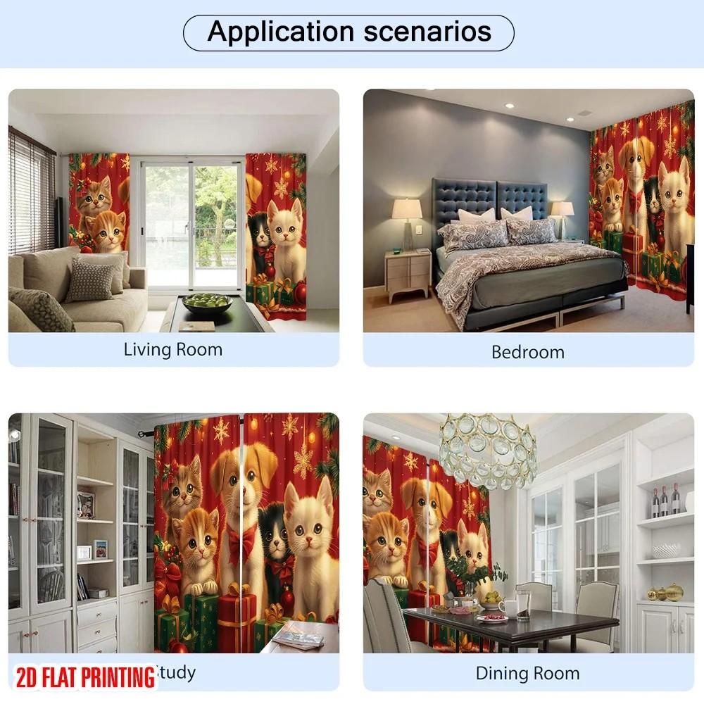 Set Of 2 Jit Cute Kitten Pattern Curtain Design Window Drapes Polyester Fabric Christmas Holiday Decoration Home Decor Curtains Made