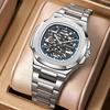 Automatic Mechanical Mens Watch With Skeleton Dial Stainless Steel Band 40mm Square Case Luminous Hands 30M Waterproof