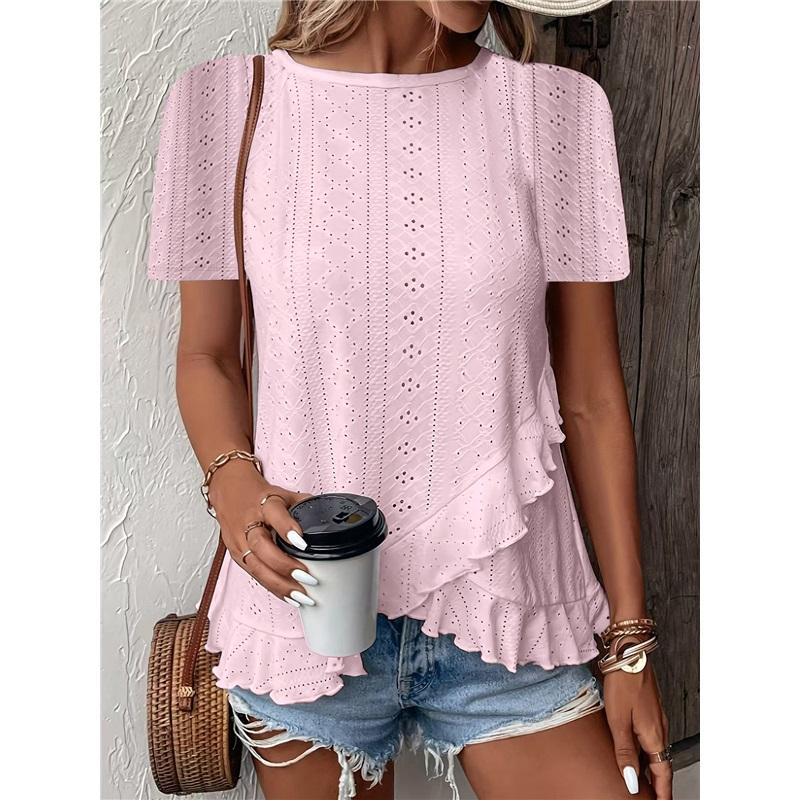 Women's Casual Hollow Out Ruffle Hem T-Shirt - Short Sleeve Round Neck Solid Color Top