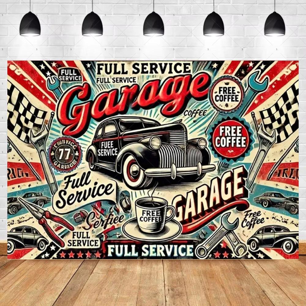 Bannière de Fond de Voiture Chaude Vintage Décoration de Fête Toile de Fond de Garage Classique Fournitures Style Industriel Pneu Outil Accessoire de Photographie