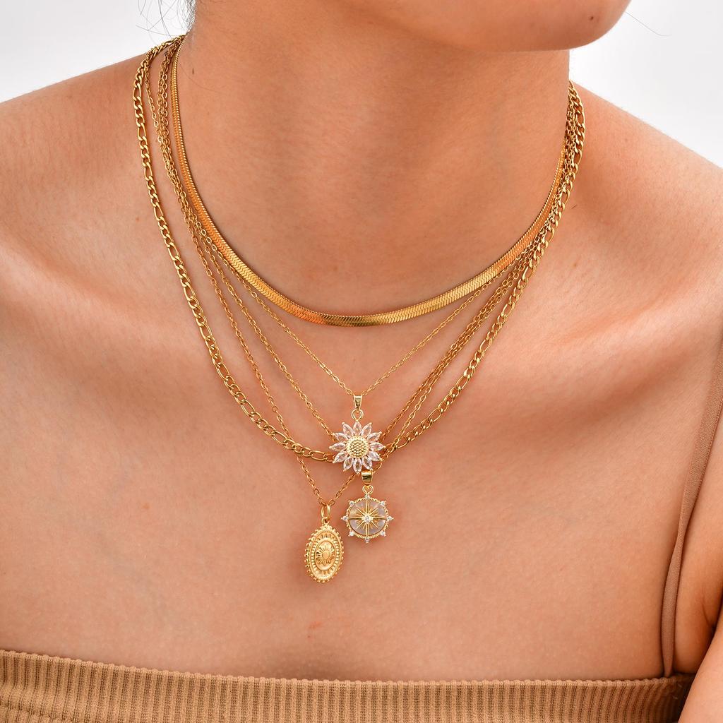 Stainless Steel Spiral Sun Flower Pendant Necklace for Women 18K Gold Plated Stackable Boho Necklace Waterproof Fashion Jewelry
