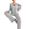 2Pcs/Set Women Pajamas Set V-Neck Long Sleeve Lace Trim Tops Elastic Waist Long Pants Set Solid Color Ribbed Sleepwear