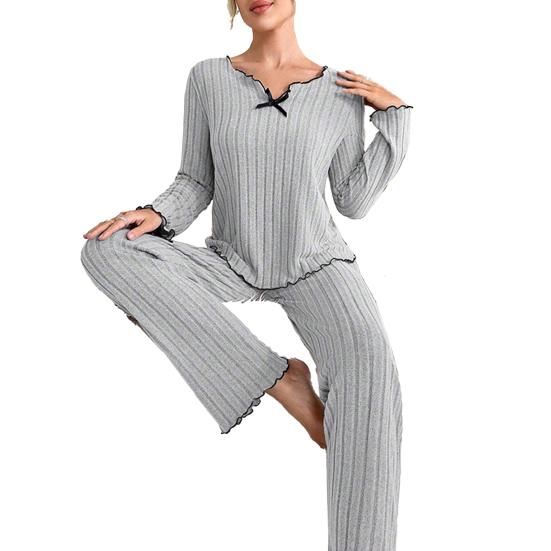 2Pcs/Set Women Pajamas Set V-Neck Long Sleeve Lace Trim Tops Elastic Waist Long Pants Set Solid Color Ribbed Sleepwear