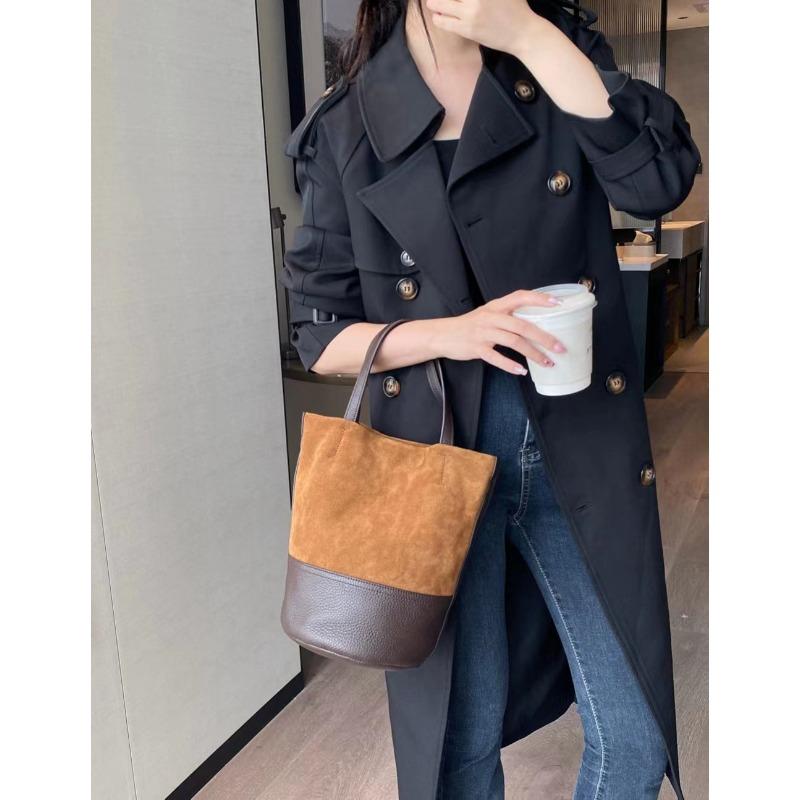 Frosted Cowhide Bucket Bag Genuine Leather Crossbody Handbag for Women