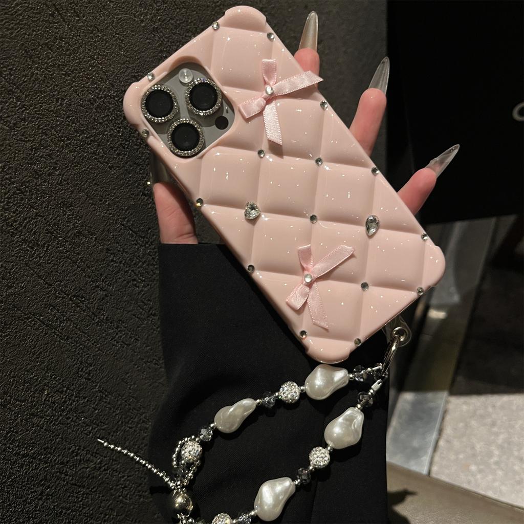 Luxury Glitter Bow Chain Phone Case for iPhone 16 Pro Max Bling Bling Diamond Designer Cover for iPhone 16e 13 14 Plus 15 11 12