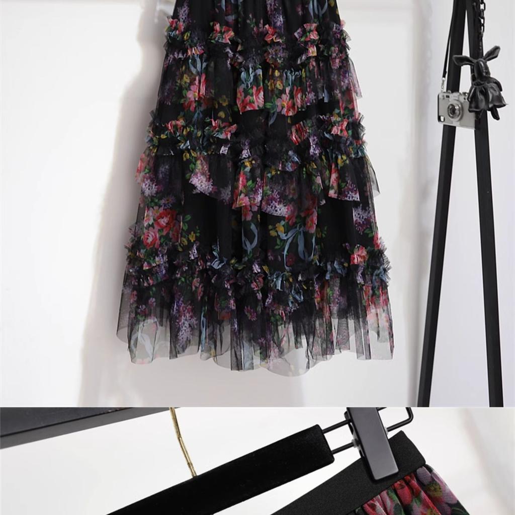 DIMANAF 2025 Summer Women New Skirts  Elastic Waist Flower Pleated Mesh Elegant Skirts