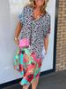 Leopard Print Patchwork Dresses Women V-neck Short Sleeves Pocket Loose Slit Midi Dress
