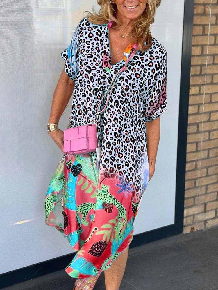 Leopard Print Patchwork Dresses Women V-neck Short Sleeves Pocket Loose Slit Midi Dress