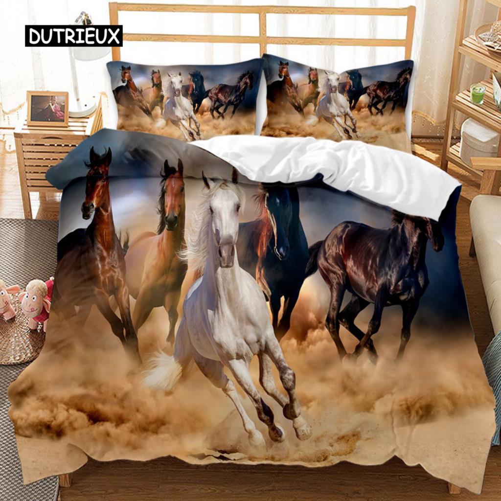 Horse Duvet Cover Set 3D Steed Print Comforter Cover Wildlife Bedding Set Animal Polyester Quilt Cover Double Queen King Size