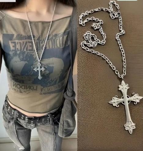 Long Chain Necklace with Ornate Cross Pendant Stainless Steel Durable Design Suitable for Women and Men Fashion Jewelry Accessory