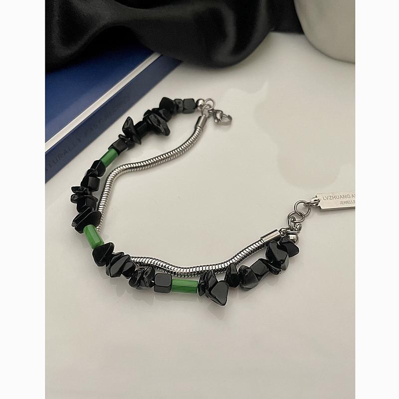 Black Stone Titanium Steel Men Women Street Fashion Geometric Bracelet For Casual Wear
