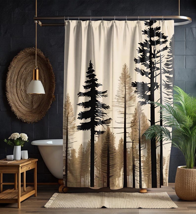 Pine Trees Misty Forest Shower Curtain – Nature-Inspired Pine Woods Decor, Forestcore Gift For New Home Or Guest Bathroom W60H190(CM)-1 Pcs