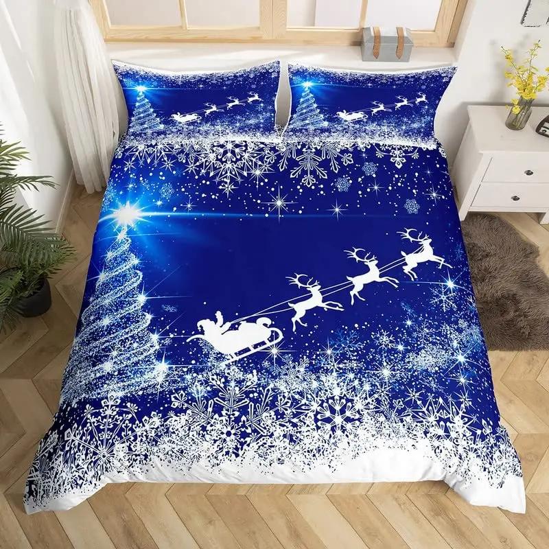 Christmas Tree Duvet Cover Set Blue Xmas Comforter Cover Girly Glitter Elk Bedding Sets Winter Snowflakes Duvet Cover Full Size