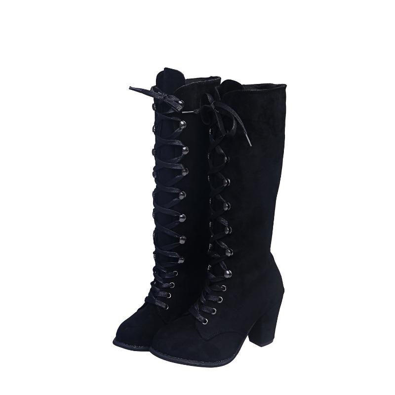 Bocanci de damă cu vârf rotund și toc gros, Stil francez, Culoare solidă, Bocanci Martin, Pantofi casual mărime mare pentru toamnă-iarnă