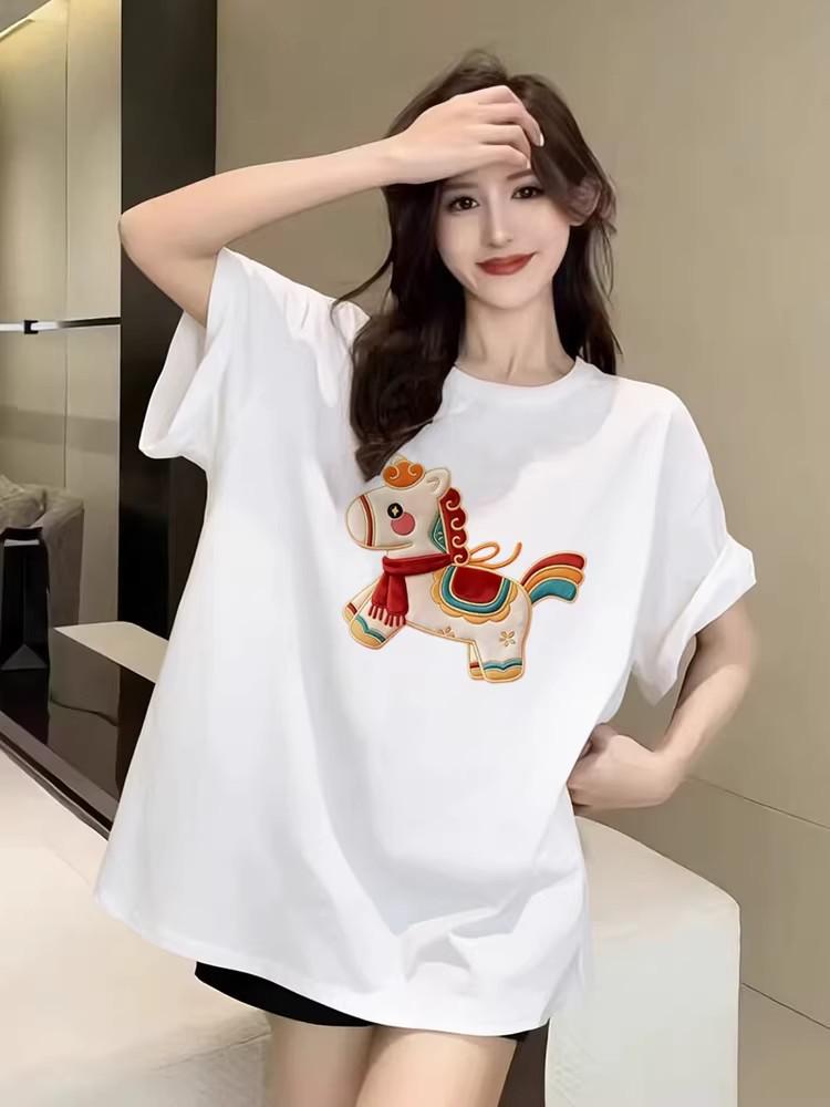 

Women s Chinese Style White Cotton Loose Short Sleeve T-Shirt - Summer 2026 Horse Year Edition. 2XL белый