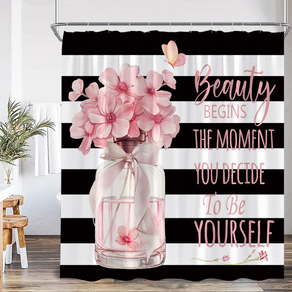 Perfume Black White Stripes Shower Curtains Pink Flowers Beauty Red Lips Leopard Bathroom Decor Modern Polyester Bath Curtains